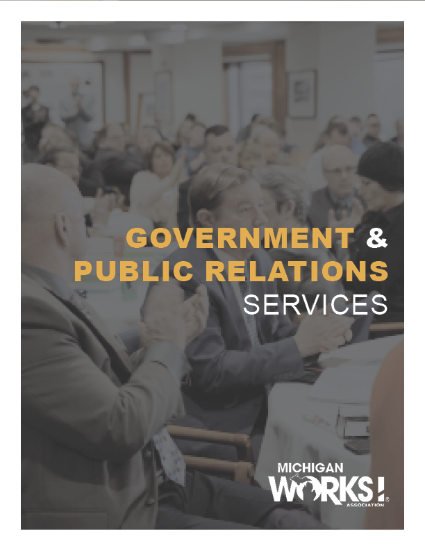 People clapping - brochure explaining the public relation services offered by the Michigan Works! Association.